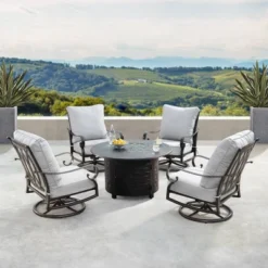 5pc Set With 44" Outdoor Round Aluminum Fire Table & 4 Deep Seating Swivel Rocking Chairs & Wind Blocker Lid - Oakland Living