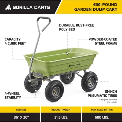 Gorilla Carts 600 Pound Capacity Heavy Duty Poly Yard Garden Steel Quick Dump Utility Wheelbarrow Wagon Trolley Cart With Straight Pull Handle, Green 3 Gorilla Carts 600 Pound Capacity Heavy Duty Poly Yard Garden Steel Quick Dump Utility Wheelbarrow Wagon Trolley Cart With Straight Pull Handle, Green