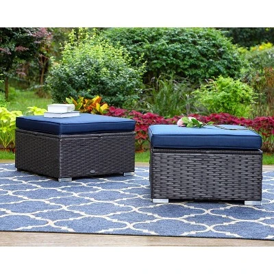 2pk Outdoor Rattan Ottomans With Cushions - Captiva Designs 3 2pk Outdoor Rattan Ottomans With Cushions - Captiva Designs