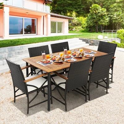 Costway 5PCS Patio Wicker Dining Set Cushion Armchairs Acacia Wood Table With Umbrella Hole 4 Costway 5PCS Patio Wicker Dining Set Cushion Armchairs Acacia Wood Table With Umbrella Hole - Image 2