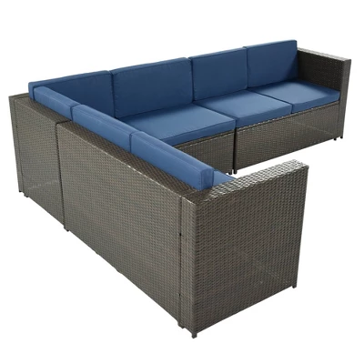 9pc Wicker Patio Sectional Seating Set With Cushions - Brown/Blue - GODEER 4 9pc Wicker Patio Sectional Seating Set With Cushions - Brown/Blue - GODEER - Image 2