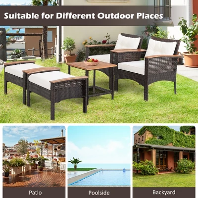 Costway 5PCS Patio Rattan Furniture Set Acacia Wood Table Armrest Cushion Yard 6 Costway 5PCS Patio Rattan Furniture Set Acacia Wood Table Armrest Cushion Yard - Image 4