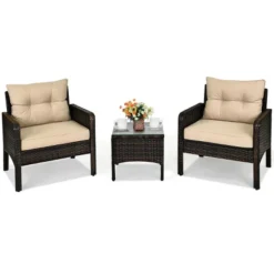 Costway 3PCS Patio Rattan Conversation Set Cushioned Sofa Chair For Garden