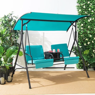 Costway 2-Person Canopy Porch Swing Padded Chair Cooler Bag Rotatable Tray TurquoiseBeigeBlack 14 Costway 2-Person Canopy Porch Swing Padded Chair Cooler Bag Rotatable Tray TurquoiseBeigeBlack - Image 12