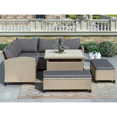 6pc Wicker Patio Set With Benches - Brown/Gray - GODEER 5 6pc Wicker Patio Set With Benches - Brown/Gray - GODEER - Image 3
