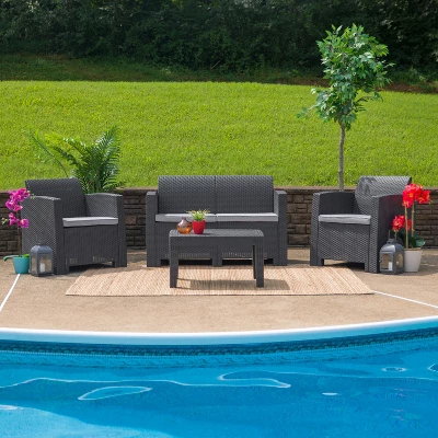 Flash Furniture Faux Rattan Loveseat With All-Weather Cushions 3 Flash Furniture Faux Rattan Loveseat With All-Weather Cushions