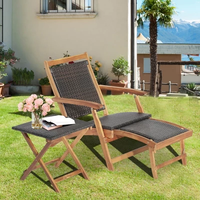 Costway 4PCS Patio Rattan Folding Lounge Chair Table Acacia Wood WithRetractable Footrest 4 Costway 4PCS Patio Rattan Folding Lounge Chair Table Acacia Wood WithRetractable Footrest - Image 2