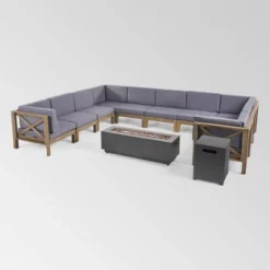 Comores 12pc Acacia U-Shaped Sectional Sofa Set With Fire Pit - Gray/Dark Gray - Christopher Knight Home
