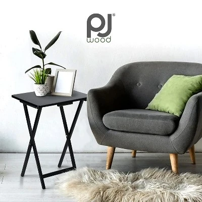 PJ Wood 19.09 X 14.57 X 26.00 Inch Folding TV Tray Tables With Compact Storage Rack, Solid Wood Construction, Black Finish, 5 Piece Set 4 PJ Wood 19.09 X 14.57 X 26.00 Inch Folding TV Tray Tables With Compact Storage Rack, Solid Wood Construction, Black Finish, 5 Piece Set - Image 2