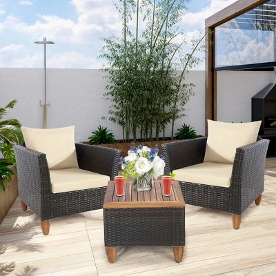 Costway 3PCS Patio Wicker Rattan Sofa Set Furniture Outdoor Acacia Wood Conversation 6 Costway 3PCS Patio Wicker Rattan Sofa Set Furniture Outdoor Acacia Wood Conversation - Image 4