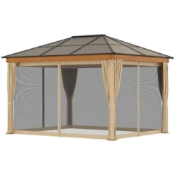 Outsunny 10' X 12' Hardtop Polycarbonate Gazebo Canopy, Aluminum Frame Pergola With Top Vent, Netting & Sidewalls For Garden, Patio, Khaki -Sunnydaze Decor Store GUEST 122d5f9a ef67 4428 902d 48f90bab4573