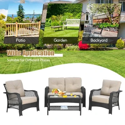 Costway 4PCS Patio Wicker Furniture Set Loveseat Sofa Coffee Table W/ Cushion 7 Costway 4PCS Patio Wicker Furniture Set Loveseat Sofa Coffee Table W/ Cushion - Image 5
