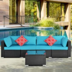 5pc Wicker Patio Sectional Seating Set With Cushions - Espresso/Blue - GODEER