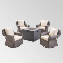 Julian 5pc Faux Wicker Swivel Club Chair & Square Fire Pit Set - Dark Brown/Dark Gray - Christopher Knight Home