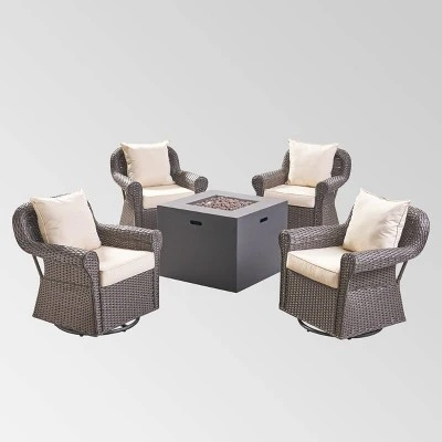 Julian 5pc Faux Wicker Swivel Club Chair & Square Fire Pit Set - Dark Brown/Dark Gray - Christopher Knight Home 3 Julian 5pc Faux Wicker Swivel Club Chair & Square Fire Pit Set - Dark Brown/Dark Gray - Christopher Knight Home