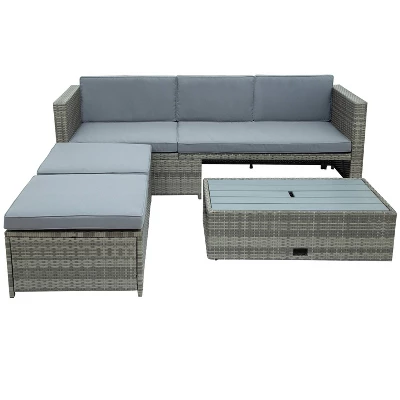 4pc Outdoor Wicker Conversation Sectional Set With Cushions - Gray - GODEER 11 4pc Outdoor Wicker Conversation Sectional Set With Cushions - Gray - GODEER - Image 9