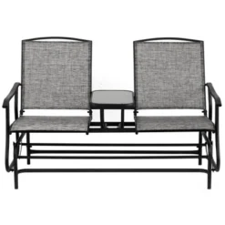 Gardenised Two Person Outdoor Double Swing Glider Chair Set With Center Tempered Glass Table, Loveseat Lawn Rocker Bench