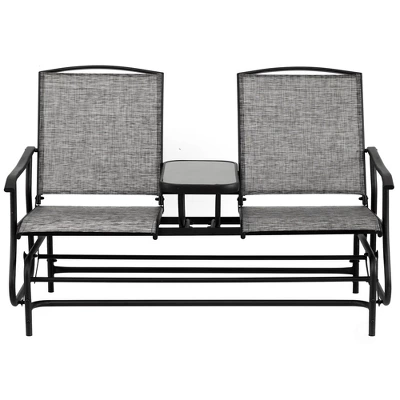 Gardenised Two Person Outdoor Double Swing Glider Chair Set With Center Tempered Glass Table, Loveseat Lawn Rocker Bench 3 Gardenised Two Person Outdoor Double Swing Glider Chair Set With Center Tempered Glass Table, Loveseat Lawn Rocker Bench