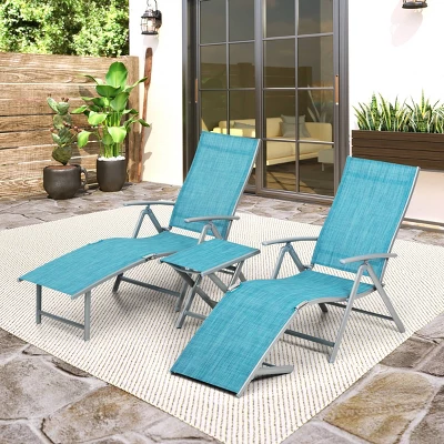 3pc Outdoor Aluminum Folding Adjustable Chaise Lounge Chair And Table Set Blue - Crestlive Products 3 3pc Outdoor Aluminum Folding Adjustable Chaise Lounge Chair And Table Set Blue - Crestlive Products