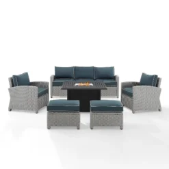 Bradenton 6pc Outdoor Wicker Sofa And Arm Chair Seating Set With Dante Fire Table And 2 Ottomans - Navy/Gray - Crosley -Sunnydaze Decor Store GUEST 1986bd07 0bef 43a2 b426 4b46bbf22507