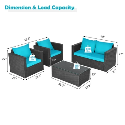 Costway 4PCS Patio Rattan Cushioned Sofa Chair Coffee Table Turquoise 4 Costway 4PCS Patio Rattan Cushioned Sofa Chair Coffee Table Turquoise - Image 2