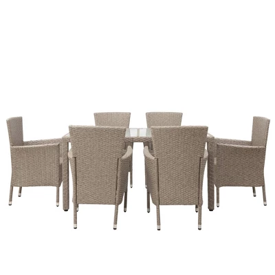 7pc Outdoor Wicker Dining Set With Cushions - Beige - GODEER 4 7pc Outdoor Wicker Dining Set With Cushions - Beige - GODEER - Image 2
