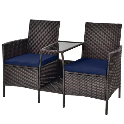 Tangkula Patio Loveseat 2 Person Cushioned Seats With Center Table Outdoor Rattan Furniture Set Turquoise/ Red 11 Tangkula Patio Loveseat 2 Person Cushioned Seats With Center Table Outdoor Rattan Furniture Set Turquoise/ Red - Image 9