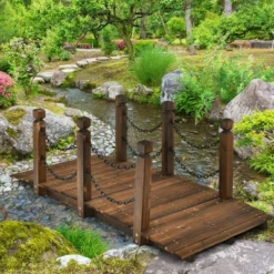 Costway 5 Ft Wooden Garden Bridge Arc Footbridge Stained Finish Walkway W/Rails -Sunnydaze Decor Store GUEST 1c13fdb1 ad9b 4e7e b1ab ccfd86616146