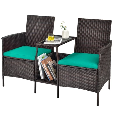 Tangkula Patio Loveseat 2 Person Cushioned Seats With Center Table Outdoor Rattan Furniture Set Turquoise/ Red 7 Tangkula Patio Loveseat 2 Person Cushioned Seats With Center Table Outdoor Rattan Furniture Set Turquoise/ Red - Image 5