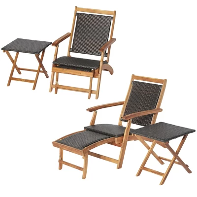 Costway 4PCS Patio Rattan Folding Lounge Chair Table Acacia Wood WithRetractable Footrest 3 Costway 4PCS Patio Rattan Folding Lounge Chair Table Acacia Wood WithRetractable Footrest