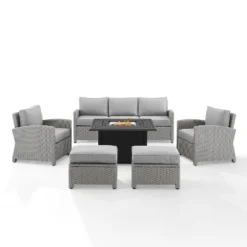 Bradenton 6pc Outdoor Wicker Sofa And Arm Chair Seating Set With Dante Fire Table And 2 Ottomans - Gray/Gray - Crosley -Sunnydaze Decor Store GUEST 219a119c 9d22 4871 9625 a78355acbd22