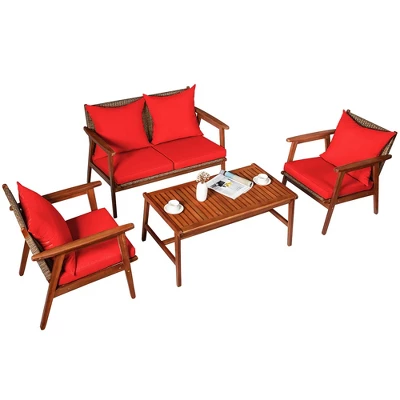 Costway 4PCS Patio Rattan Furniture Set Acacia Wood Frame Cushioned Sofa Chair 11 Costway 4PCS Patio Rattan Furniture Set Acacia Wood Frame Cushioned Sofa Chair - Image 9