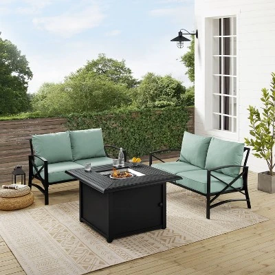 Kaplan 3pc Outdoor Conversation Set With Fire Table & 2 Loveseats - Mist - Crosley 6 Kaplan 3pc Outdoor Conversation Set With Fire Table & 2 Loveseats - Mist - Crosley - Image 4