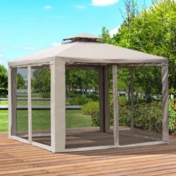 Outsunny 10' X 10' Patio Gazebo Outdoor Canopy Shelter With 2-Tier Roof And Netting, Steel Frame For Garden, Lawn, Backyard And Deck