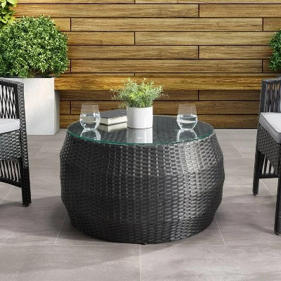 Parksville Rattan Round Patio Coffee Table - Black - CorLiving 3 Parksville Rattan Round Patio Coffee Table - Black - CorLiving