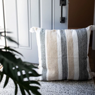 Tan & Black Tick Stripe 30X30 Oversized Filled Outdoor Pillow - Foreside Home & Garden 3 Tan & Black Tick Stripe 30X30 Oversized Filled Outdoor Pillow - Foreside Home & Garden