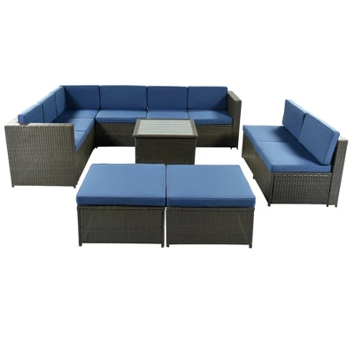 9pc Wicker Patio Sectional Seating Set With Cushions - Brown/Blue - GODEER 6 9pc Wicker Patio Sectional Seating Set With Cushions - Brown/Blue - GODEER - Image 4