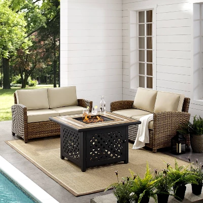 Crosley 3pc Bradenton Steel Outdoor Patio Fire Pit Furniture Set With Two Loveseats Tan/Brown 5 Crosley 3pc Bradenton Steel Outdoor Patio Fire Pit Furniture Set With Two Loveseats Tan/Brown - Image 3
