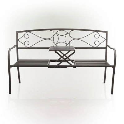 Metal Garden Bench With Retractable Table Black - Alpine Corporation 3 Metal Garden Bench With Retractable Table Black - Alpine Corporation