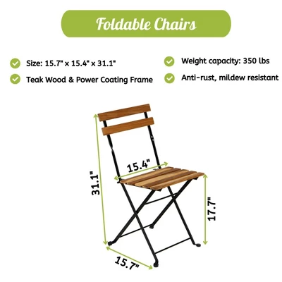 3pc Solid Teak Wood Folding Table & Chair Bistro Set - Brown - WELLFOR 10 3pc Solid Teak Wood Folding Table & Chair Bistro Set - Brown - WELLFOR - Image 8
