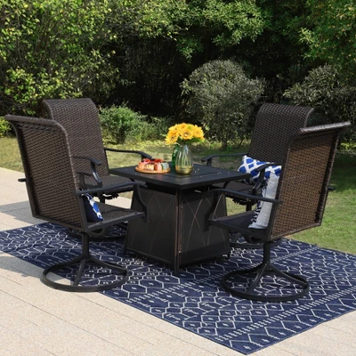 5pc Patio Dining Set With Square Steel Fire Pit With Faux Wood Tabletop & Rattan 360 Swivel Chairs - Captiva Designs 3 5pc Patio Dining Set With Square Steel Fire Pit With Faux Wood Tabletop & Rattan 360 Swivel Chairs - Captiva Designs