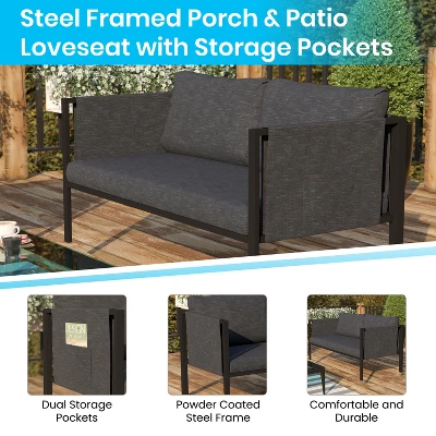 Emma And Oliver Indoor Outdoor Patio Loveseat, Steel Framed Club Chair With Cushions And 2 Storage Pockets 4 Emma And Oliver Indoor Outdoor Patio Loveseat, Steel Framed Club Chair With Cushions And 2 Storage Pockets - Image 2