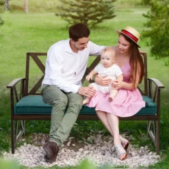 Costway Outdoor Garden Park Bench With Padded Cushion Wood Grain Coated Heavy Duty Frame -Sunnydaze Decor Store GUEST 37bdcf38 72b1 43f6 9f08 3c686e5ec3e7