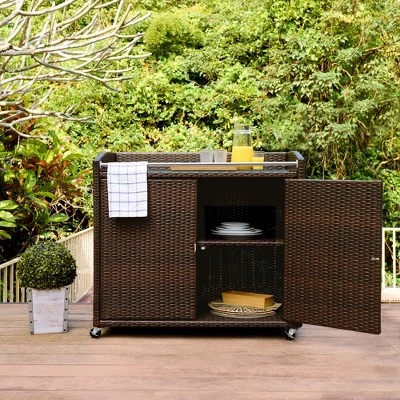Teamson Home 39.5" Veronica Rolling Outdoor PE Rattan Bar Cart With Storage, Brown 4 Teamson Home 39.5" Veronica Rolling Outdoor PE Rattan Bar Cart With Storage, Brown - Image 2