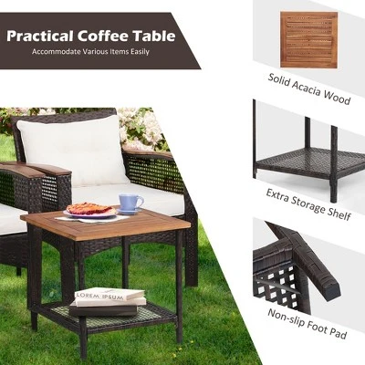 Costway 5PCS Patio Rattan Furniture Set Acacia Wood Table Armrest Cushion Yard 7 Costway 5PCS Patio Rattan Furniture Set Acacia Wood Table Armrest Cushion Yard - Image 5