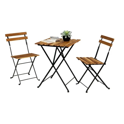 3pc Solid Teak Wood Folding Table & Chair Bistro Set - Brown - WELLFOR 4 3pc Solid Teak Wood Folding Table & Chair Bistro Set - Brown - WELLFOR - Image 2