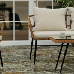 Merrick Lane Four Piece Indoor/Outdoor Boho Open Weave Natural Rattan Rope Patio Set With Two Chairs, Loveseat And Table With Cushions -Sunnydaze Decor Store GUEST 3ea34411 4e71 4d06 9de0 9f1d91ed4ba7