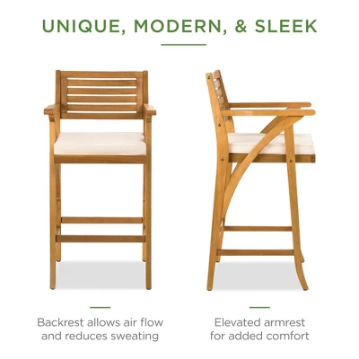 Best Choice Products Set Of 2 Outdoor Acacia Wood Bar Stools Bar Chairs W/ Weather-Resistant Cushions - Teak Finish 4 Best Choice Products Set Of 2 Outdoor Acacia Wood Bar Stools Bar Chairs W/ Weather-Resistant Cushions - Teak Finish - Image 2