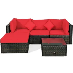 Costway 5PCS Outdoor Patio Rattan Furniture Set Sectional Conversation W/Red Cushions -Sunnydaze Decor Store GUEST 408d3509 fe3b 44f1 82e7 480c822f18f6