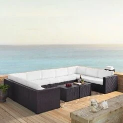 Biscayne 7pc Outdoor Wicker Sectional Set With 2 Coffee Tables & 4 Corner Seats White - Crosley